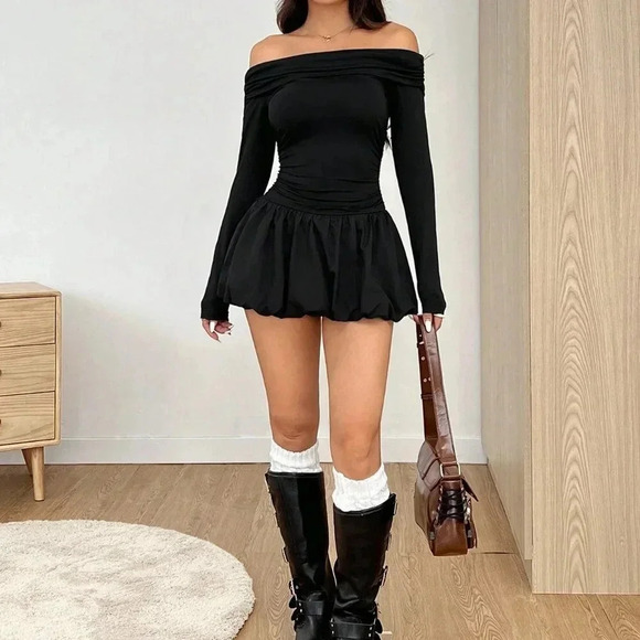Black Elegant Women's Solid One-Shoulder Long Sleeve Ruffle Hem Mini Dress - Picture 6 of 6